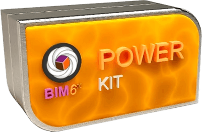 A rectangular silver and orange device labeled POWER KIT with a circular logo and BIM 6x on the front. The orange panel has a glowing, fiery texture.