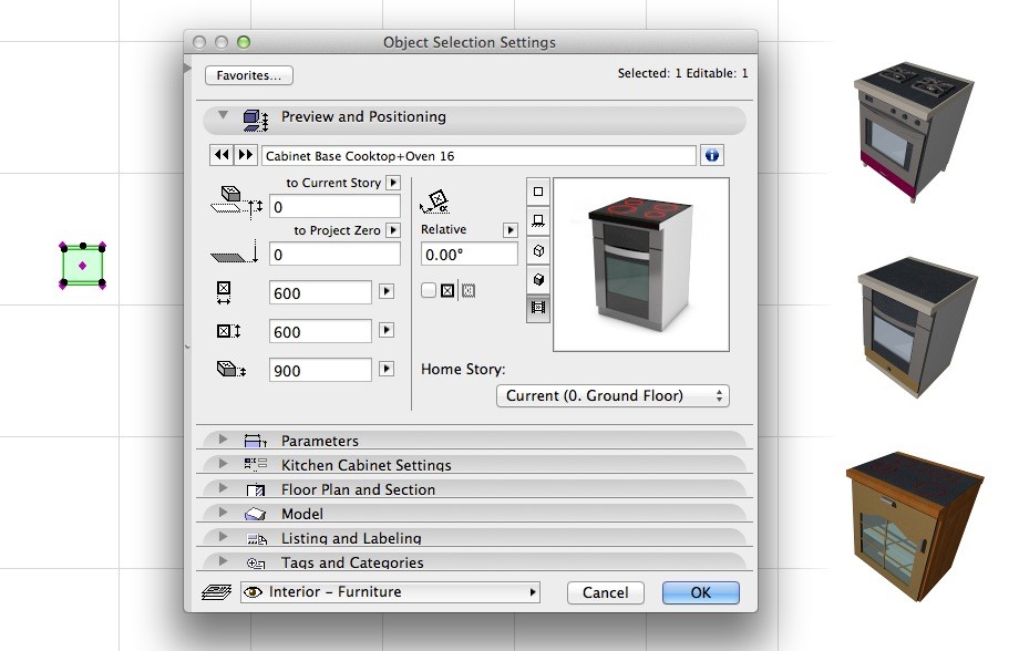 A computer interface displays a 3D object selection window with a digital model of a stove using Archicad. Various settings for positioning and dimensions are available. On the right side, three stove models are shown in different colors and styles, enhancing the architects design versatility.
