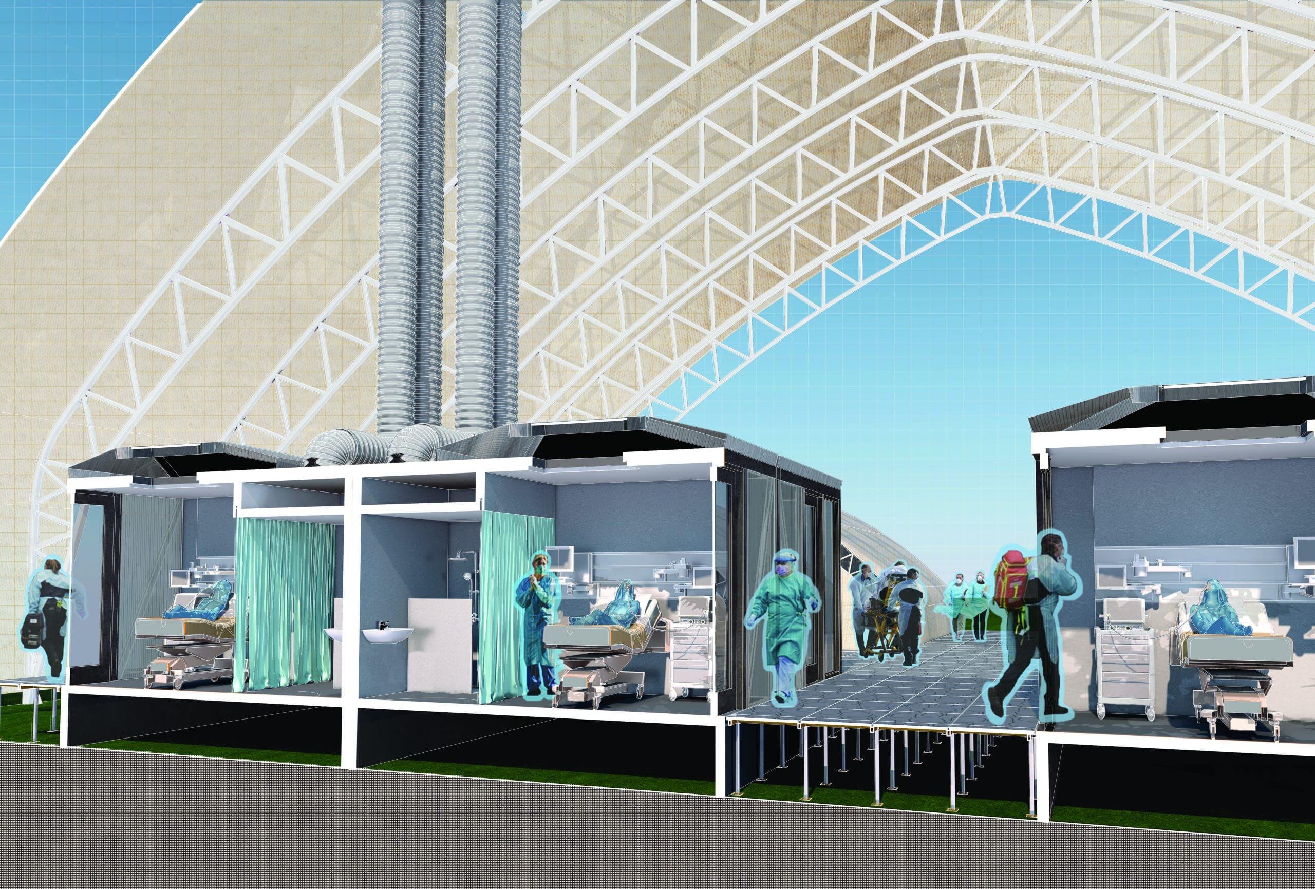 A digital illustration shows a modern, temporary medical facility with healthcare workers and patients in modular rooms under a large arched structure. Medical equipment, beds, and people in scrubs and masks are visible throughout.