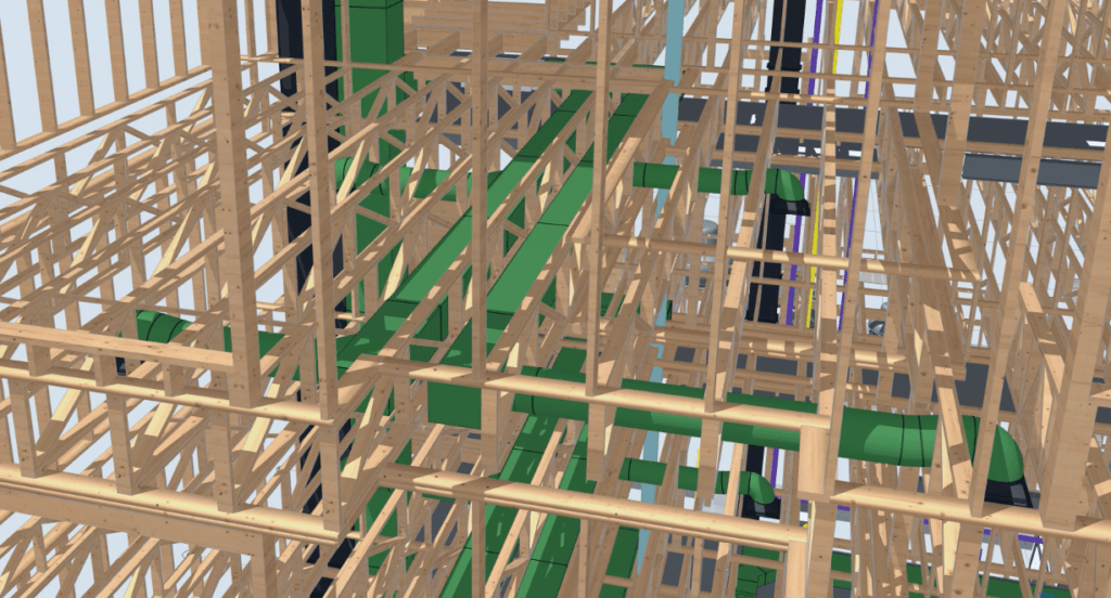 3D model of a building framework showing wooden structural beams and green HVAC ductwork running through the structure at various angles.