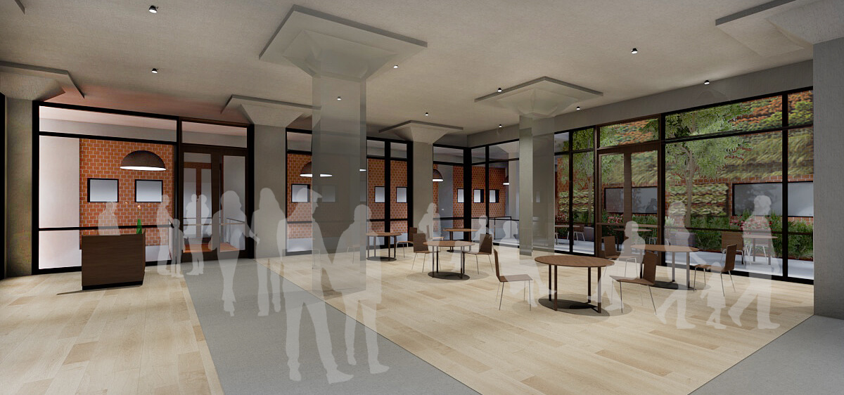 A spacious, modern lobby with large windows, wooden floors, round tables, and scattered chairs. Silhouettes of people are walking and talking throughout the bright, open area. Greenery is visible outside the windows.