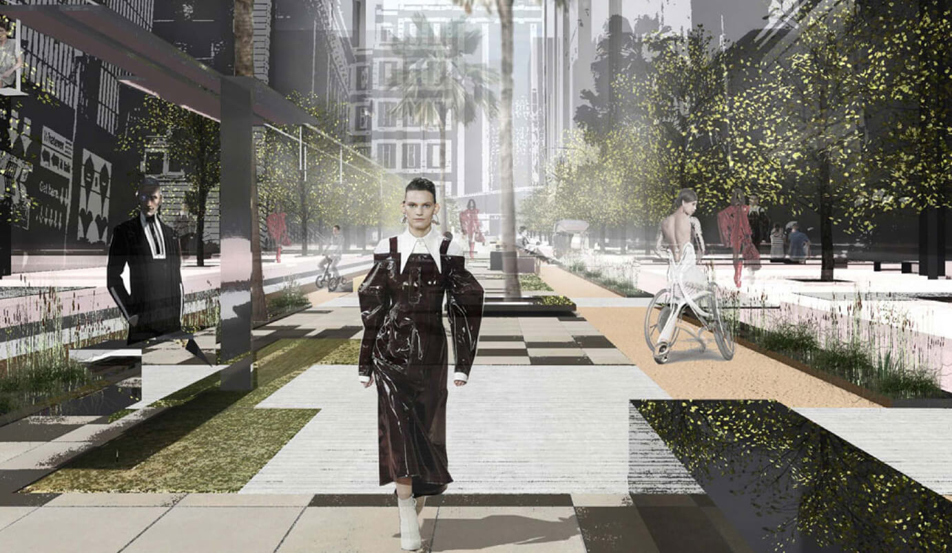A digital collage shows models in fashionable clothing walking on a futuristic city sidewalk lined with trees, greenery, and modern structures, blending urban elements with a runway atmosphere.