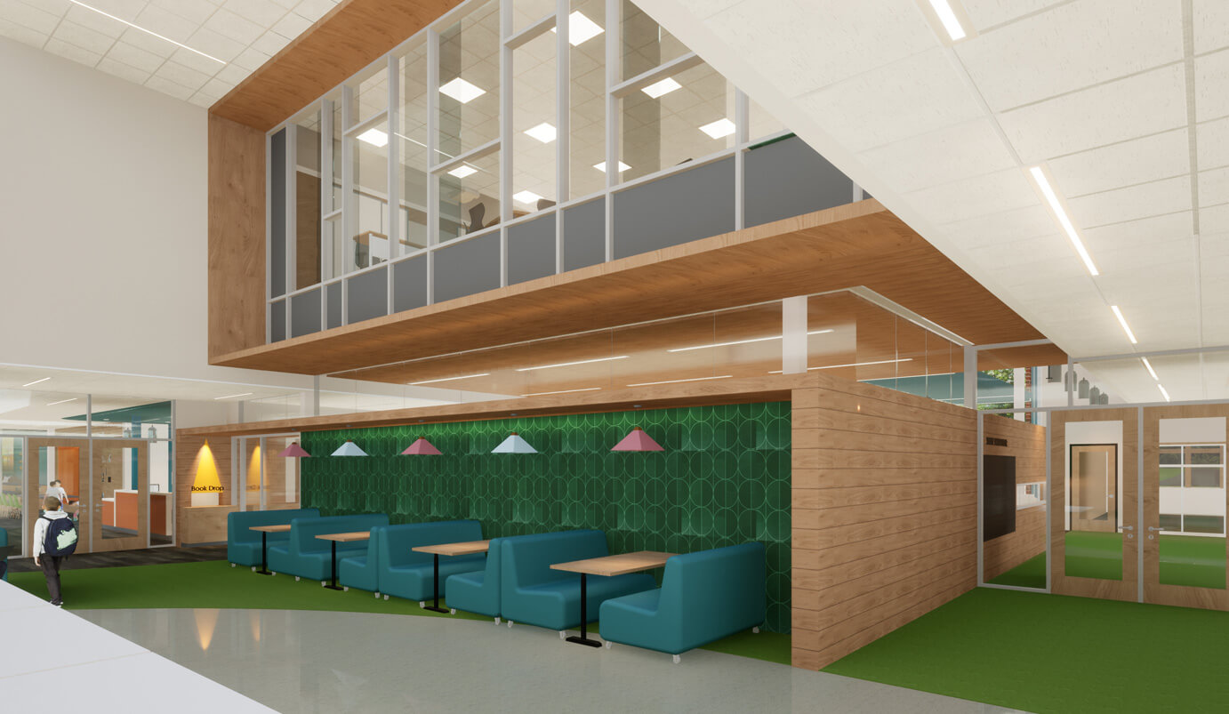 A modern interior with teal booth seating, wooden accents, green patterned wall, glass-walled offices above, and bright lighting. A person walks in the background near glass doors.