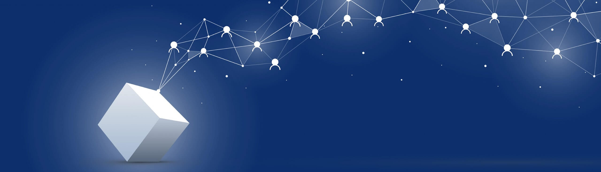 A white cube, symbolizing BIM, is linked to a network of abstract white figures on a blue background, illustrating a digital architectural network concept.