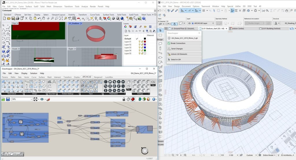 A split-screen reveals a 3D modeling software interface. The left side features a red ring shape with nodes and commands, while the right showcases a complex wireframe model akin to an architects blueprint. Various toolbars and BIM settings enhance this dynamic visual workspace.