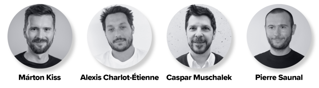 Four men are displayed in distinct circular portraits: one with short hair and a beard, another with short dark hair and a light beard, a third with dark hair and a beard, and the fourth with short dark hair and stubble. Each name beneath hints at their expertise in CAD or Graphisoft software.