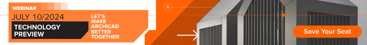 Banner for a webinar titled Technology Preview on July 10, 2024, featuring the text Lets Make Archicad Better Together and a Save Your Seat button. Enhanced with geometric and architectural visuals. Hosted by Graphisoft, its a must-attend for every Architect.