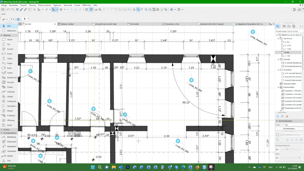 An architectural floor plan is displayed on a computer screen using BIMx by Graphisoft, showcasing various measurements and annotations. The interface includes toolbars at the top, with a grid layout and detailed room dimensions. The taskbar below shows several application icons.