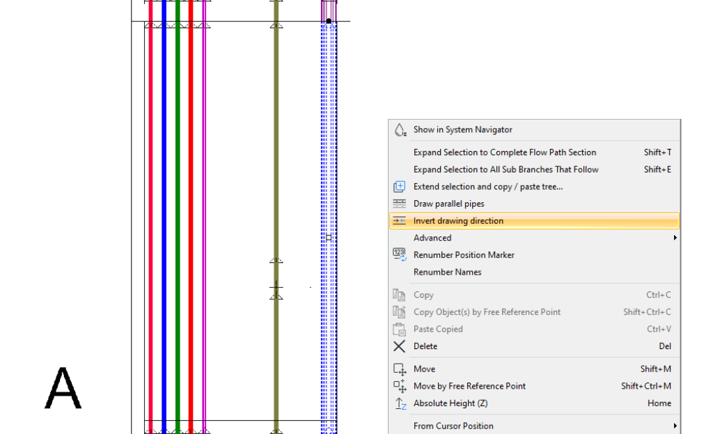 Diagram illustrating a vertical section of parallel lines in diverse colors on the left beside a context menu emphasizing the Invert drawing direction feature. A prominent letter A sits in the lower left, suggesting an architects use of CAD tools or BIMx for design precision.