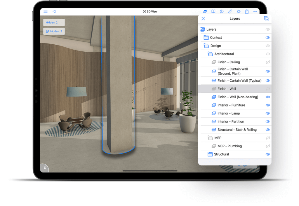 A tablet showcasing a digital architectural design using BIM technology features a layered interface. The modern interior includes tall columns, curved wooden walls, round tables, and plants, while a menu on the right lists structural elements. This design shines with Graphisofts expertise and BIMx innovation.