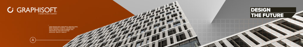 A modern cityscape showcases a high-rise building against a backdrop split between orange and gray. Text reads GRAPHISOFT. An Nemetschek Company and Design the Future with Archicad. A line with BIM technical icons runs across, encapsulating the architects vision.