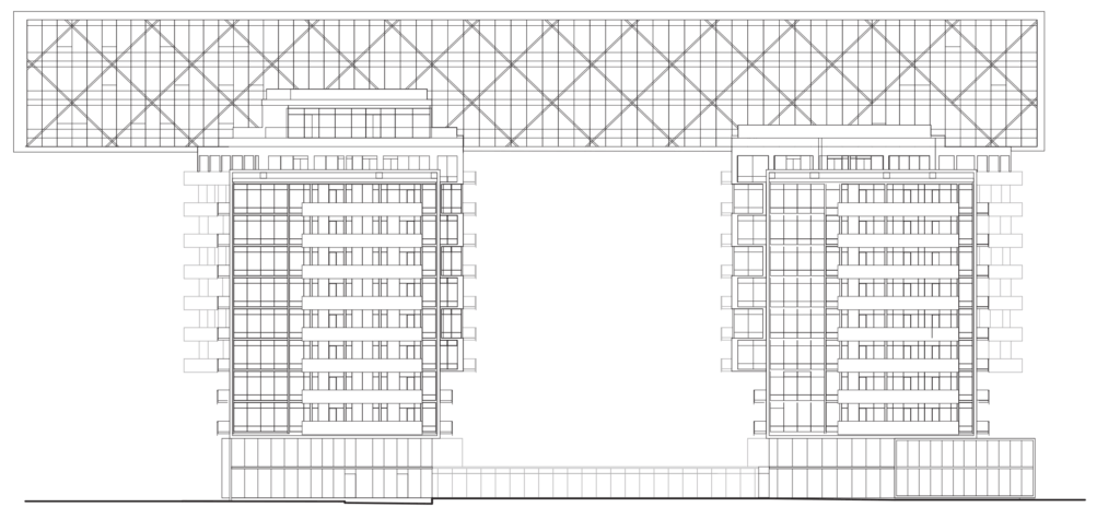Line drawing of a modern building with two tall towers connected at the top by a large rectangular structure, featuring multiple balconies and a grid pattern on the upper connector.