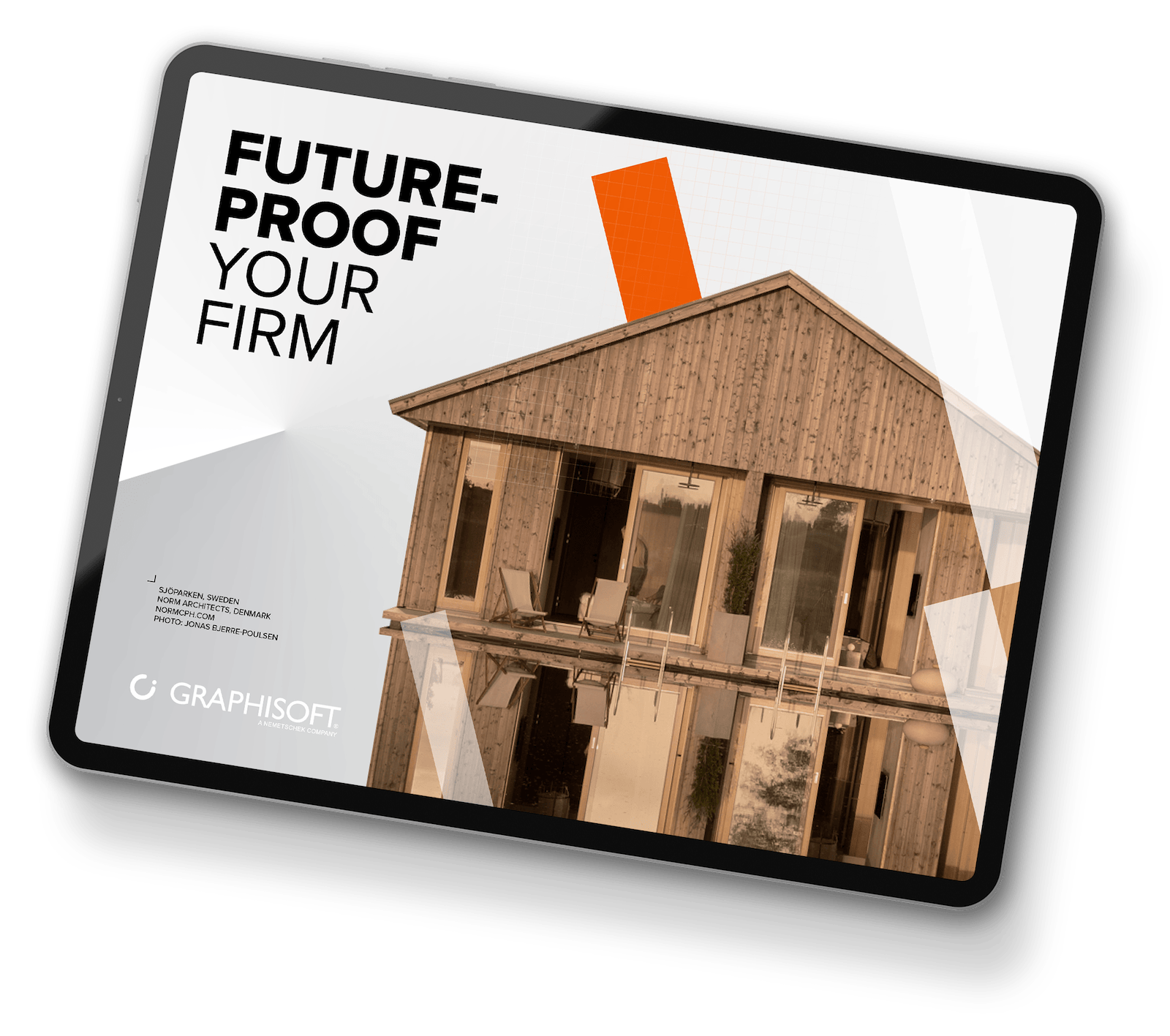 A tablet displays an ebook cover titled A blueprint for more efficient workflows with BIM by Graphisoft, featuring a smiling man in a suit and a smiling woman in a brown blouse, standing back to back.