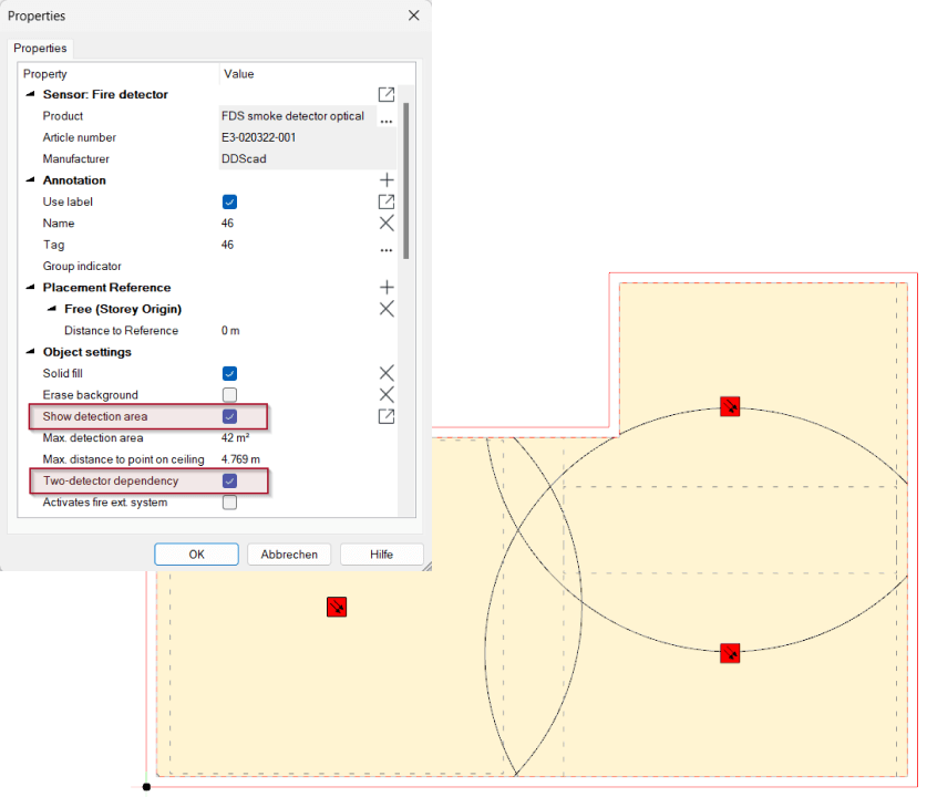 Automatic placement of smoke detectors (VdS 2095) and visualization of coverage areas