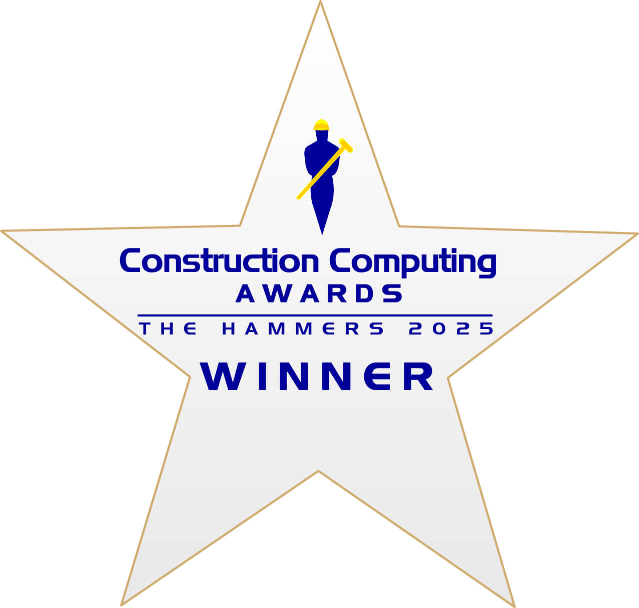A gold-bordered star with a blue silhouette holding a yellow hammer, symbolizing adaptive reuse. Text reads: Construction Computing Awards, The Hammers 2025, Winner.