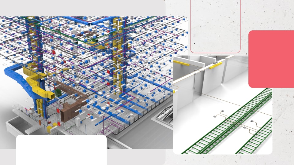Un rendering digitale degli impianti meccanici, elettrici e idraulici di un edificio, che mostra complesse reti di tubi e condotti colorati, sovrapposti a forme geometriche su uno sfondo chiaro.