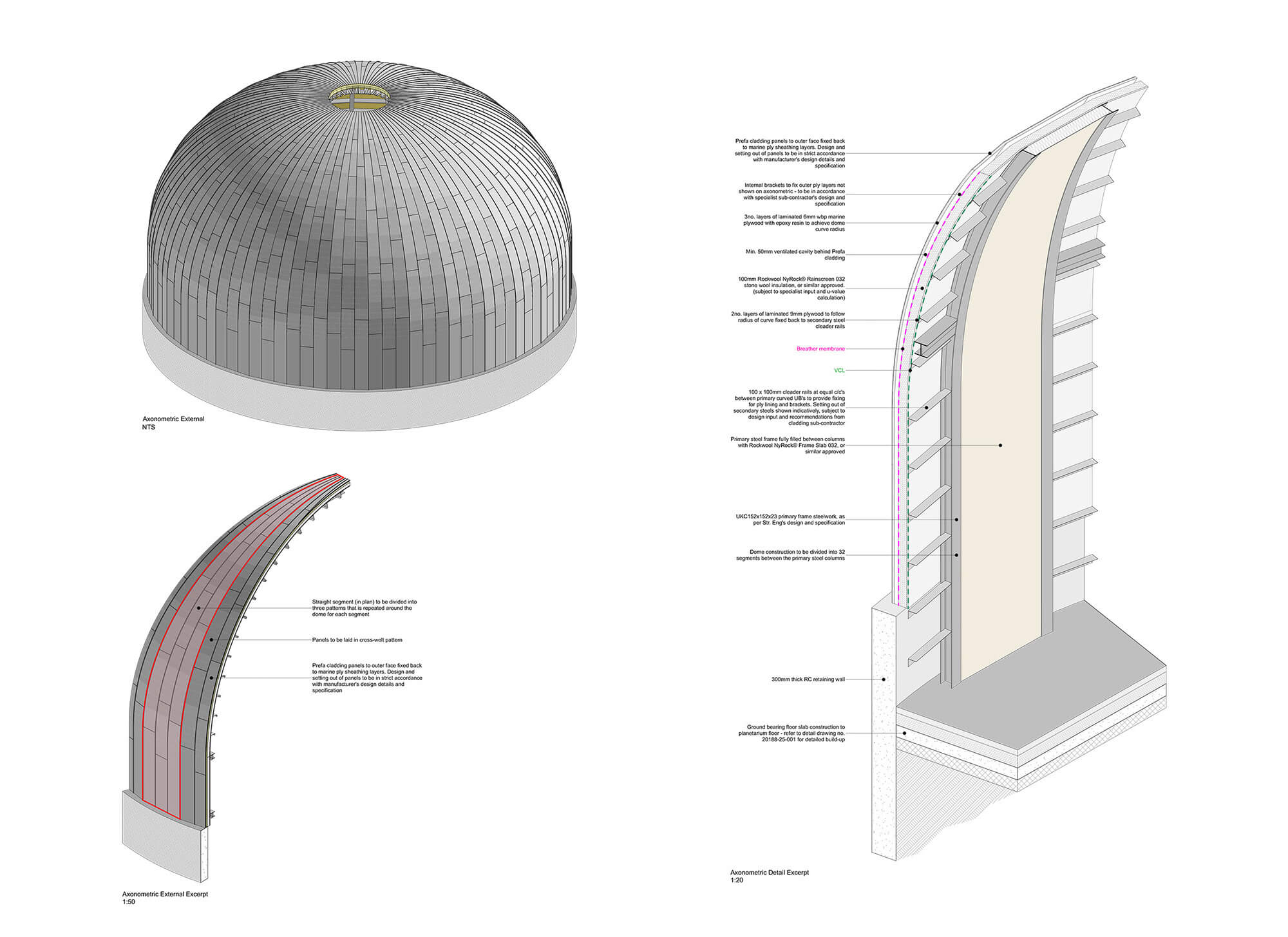 A detailed architectural diagram showing a dome structure, a cross-section of the dome’s wall with labeled components, and an exploded view of the dome’s curved wall layers with material and structural notes—ideal for collaborative BIM workflows.