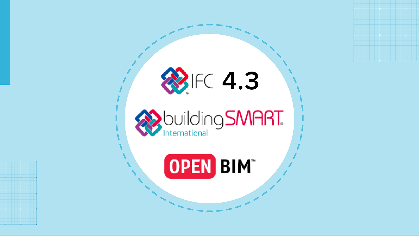 Eine kreisförmige Grafik zeigt die Logos von IFC 4.3, buildingSMART International und OPEN BIM auf einem hellblauen Hintergrund mit einem Gittermuster in den Ecken.