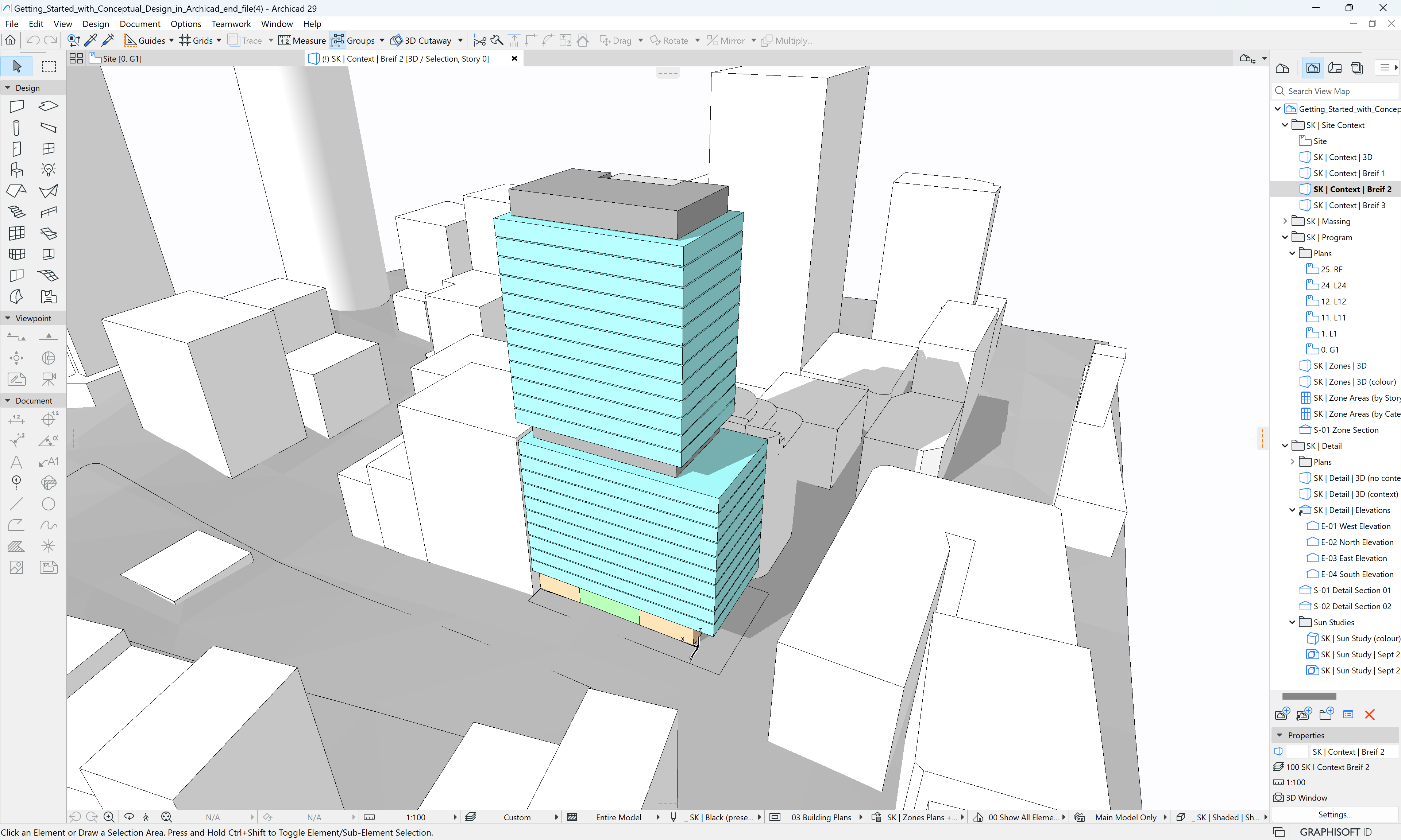 3D-schematischer Gebäudeplan eines gestuften Hochhauses in einem Stadtblock, dargestellt in Archicad mit umliegenden weissen Massengebäuden, sichtbaren Bedienpanels und einem nach Funktionszonen eingefärbten Hauptgebäude.