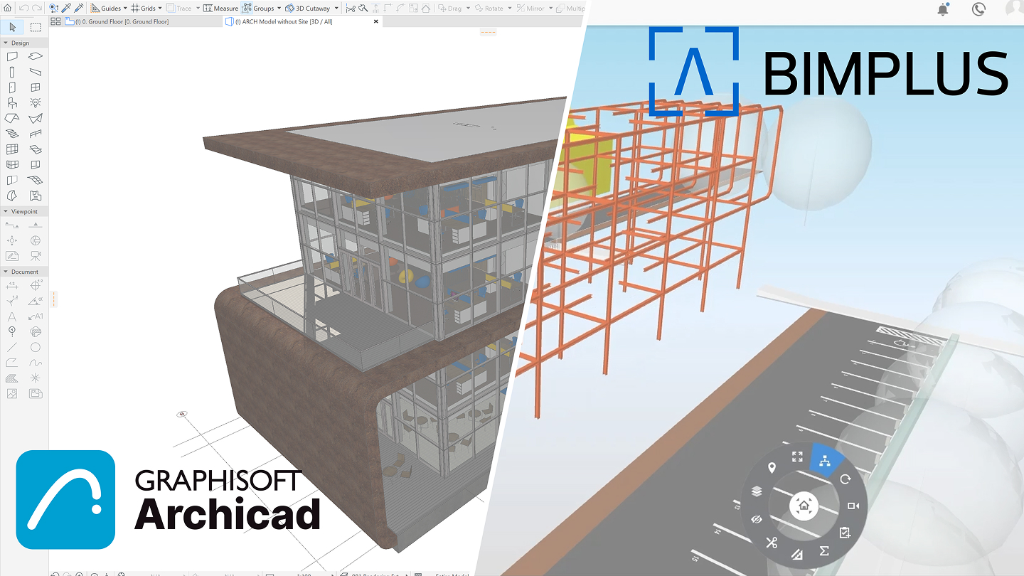 Split-Screen-Bild, das ein 3D-Gebäudemodell in Graphisoft Archicad (links) und ein digitales Konstruktionsmodell mit orangefarbenem Rahmen in BIMPLUS (rechts) zeigt. Beide haben ihre Logos in der linken unteren Ecke bzw. in der rechten oberen Ecke.