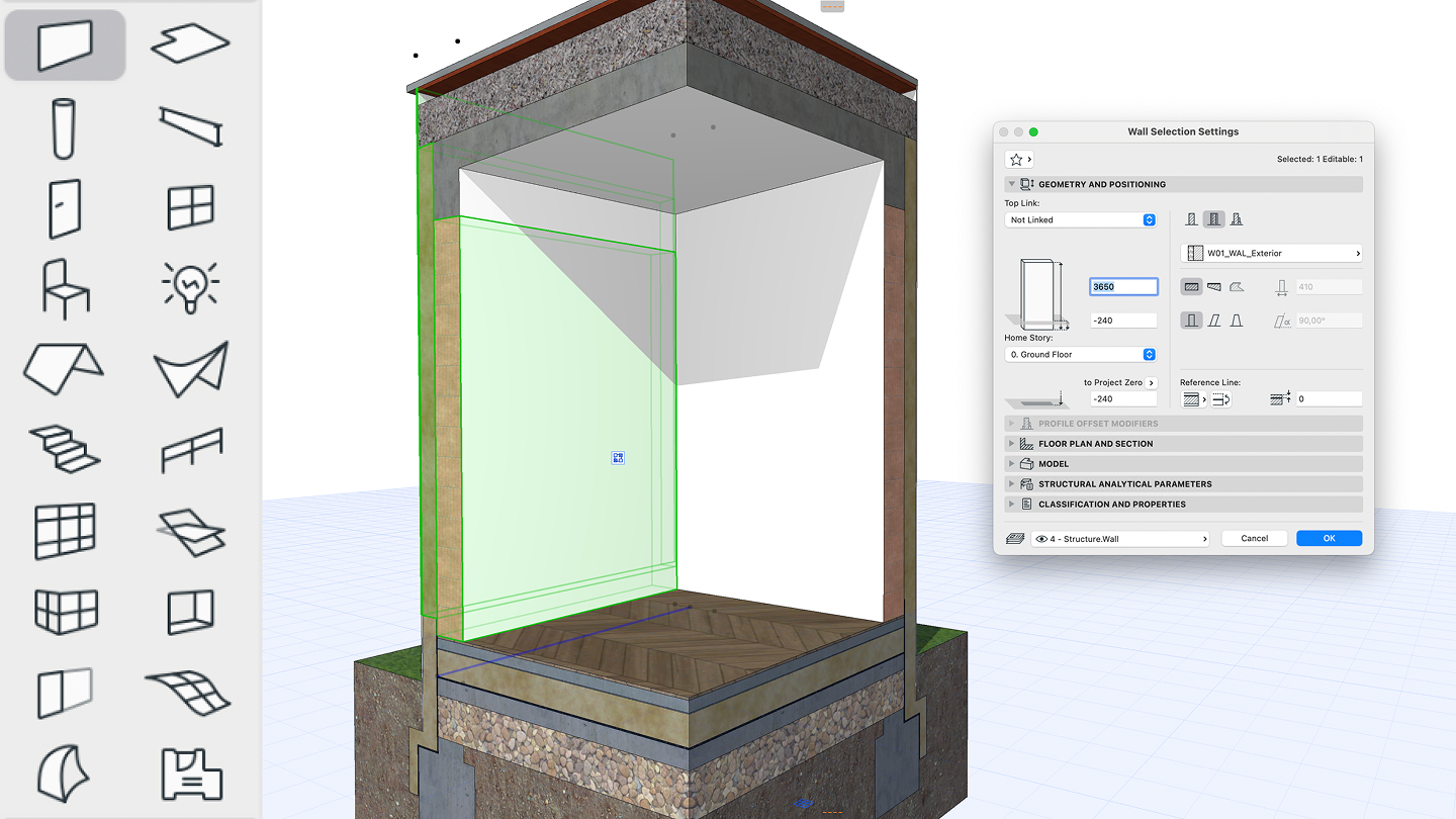 3D-Architekturmodellierungs-Softwareoberfläche mit einem Schnitt durch die Ecke eines Gebäudes, links Entwurfswerkzeug-Symbole, rechts ein geöffnetes Dialogfeld für die Wandeinstellungen.