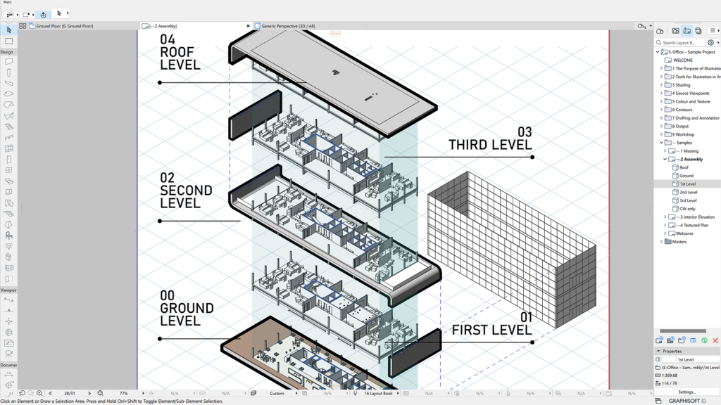 Axonometrisches Explosionsdiagramm eines vierstöckigen Gebäudes mit beschrifteten Stockwerken: Erdgeschoss, erstes, zweites, drittes Obergeschoss und Dachgeschoss. Innenräume, Möbel und Wände sind auf jeder Ebene sichtbar.