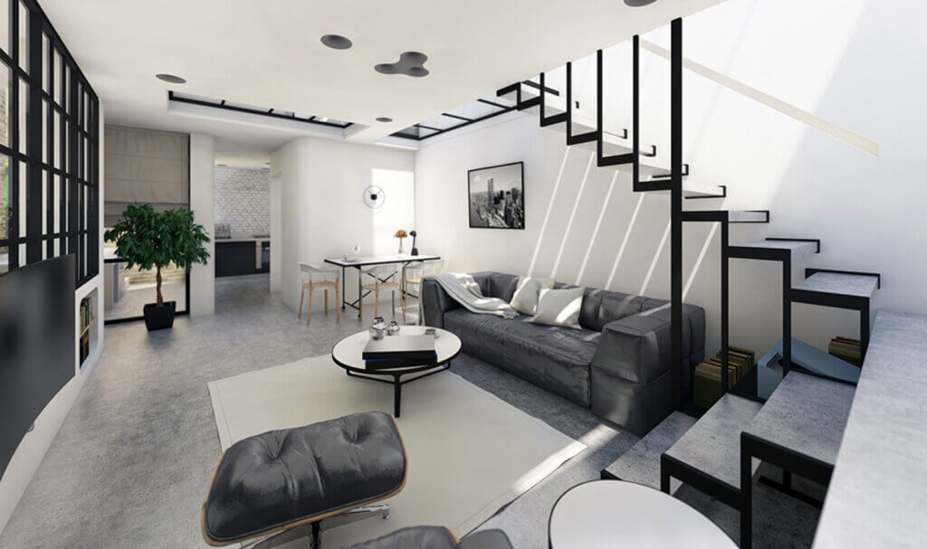 Modernes, minimalistisches Wohnzimmer mit einem grauen Sofa, Couchtischen und einem Sessel unter einer offenen Treppe. Schwarz-weisses Dekor, grosse Fenster und ein Essbereich führen zu einer Küche im Hintergrund. Sonnenlicht erhellt den Raum.