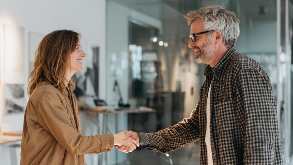 Two people, a woman and a man, are smiling and shaking hands in a modern office with glass walls and desks, sealing a successful deal—buy now to experience this level of professionalism.