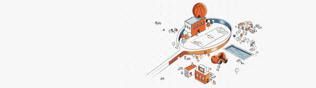 Illustration of a school campus with a basketball-shaped structure, a sports field, pool, trees, students, school buses, and surrounding buildings, all depicted in a playful, minimalistic style.
