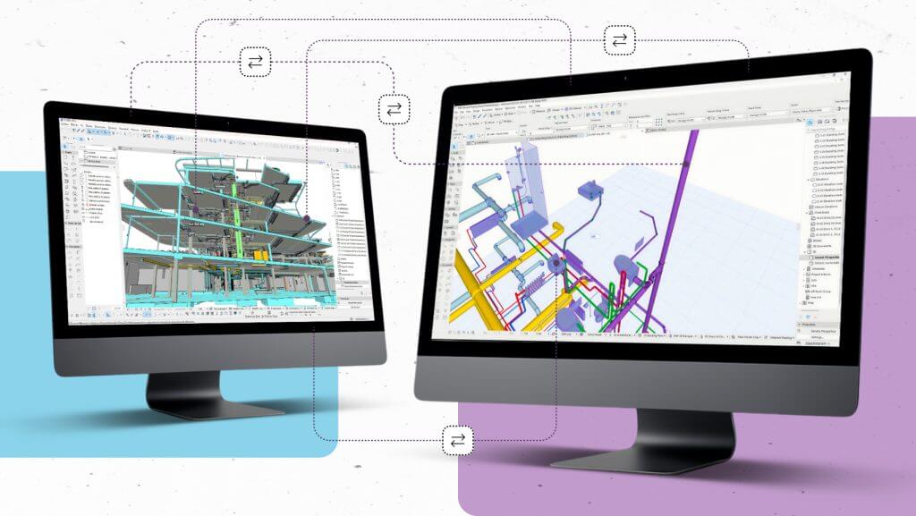 Two computer monitors display 3D architectural and engineering models. Dashed lines with data transfer icons flow between the screens, suggesting digital collaboration or information exchange in building design software.