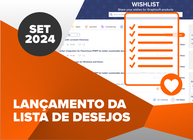 Promotional graphic with “SET 2024” in a black circle, announcing “LANÇAMENTO DA LISTA DE DESEJOS.” Background shows a wishlist interface with orange checkmarks and a heart icon.