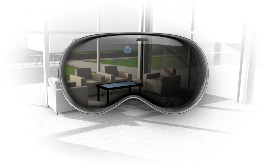 A digital rendering of large futuristic goggles overlays a modern lounge area with chairs and a coffee table, blending virtual interface graphics with the real-world scene.