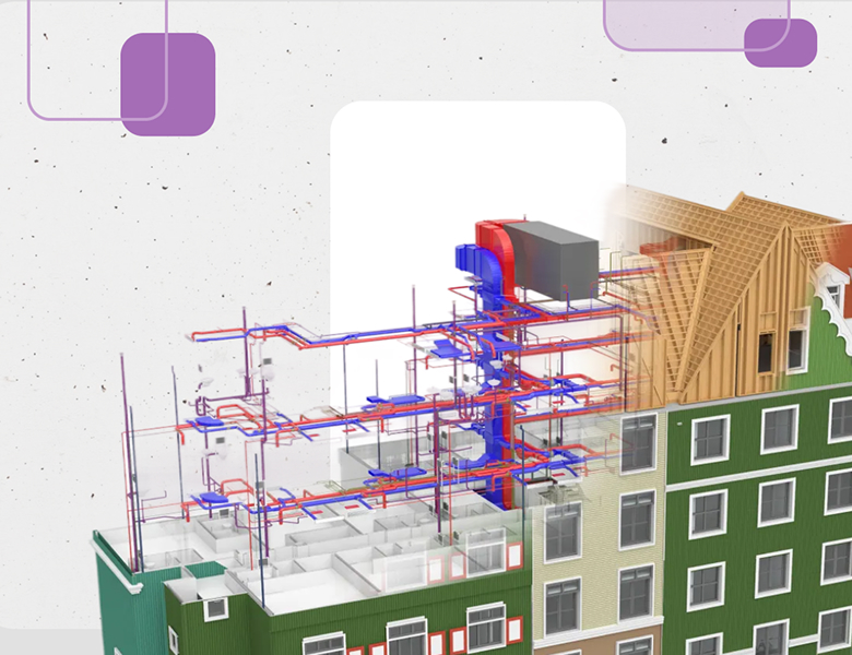 A digital rendering of a building with exposed interior mechanical systems, showing complex red and blue HVAC ductwork and piping throughout multiple floors against a white background with purple geometric shapes.