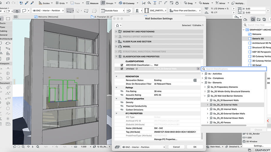 A computer screen displays architectural design software, showing a 3D model of a building’s balcony on the left and a “Wall Selection Settings” properties window with construction classifications on the right.