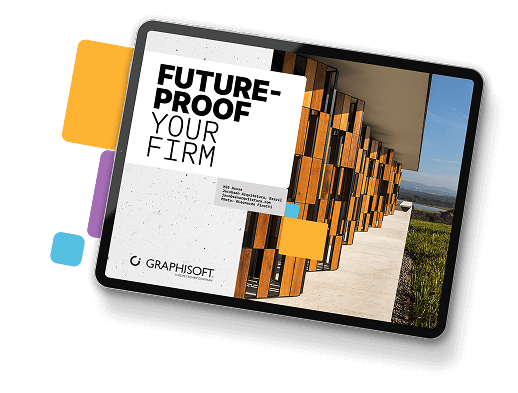 A tablet displays a cover page titled Future-Proof Your Firm with modern wooden building design and geometric color blocks. The cover also features the GRAPHISOFT logo at the bottom.