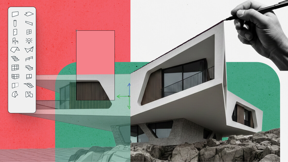 A modern, angular house sits on rocky terrain. A hand with a pen draws on the image. Overlay graphics show 3D modeling tools and a translucent red rectangle, blending digital design elements with the real building.