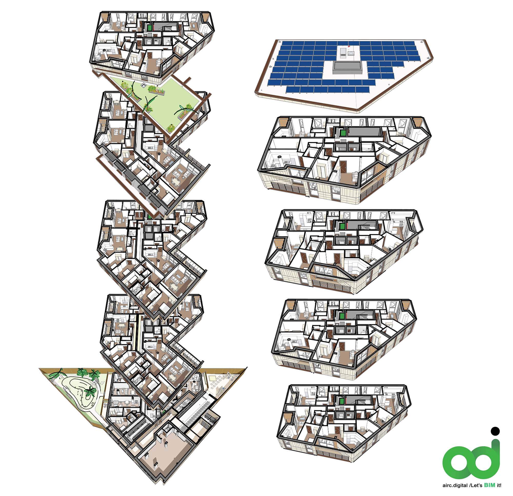 3D floor plans of a multistory residential building. The floor plans shown belong to 80 Goodhall Street in London, a project by airc.digital. The firm used innovative BIM workflows with Archicad, BIMx and BIMcloud to deliver the project.