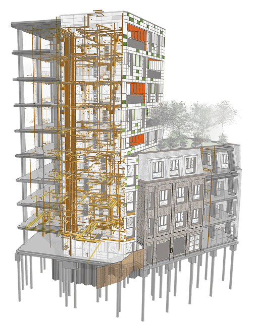 A 3D cut building model of a residential tower, partially showing the building's facade elements, MEP systems and structural core. The building is 80 Goodhall Street, London, designed by airc.digital using innovative BIM workflows in Archicad, BIMx and BIMcloud.