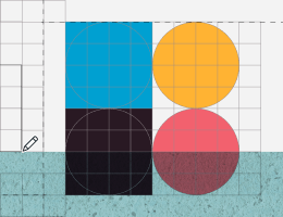 Four large circles (blue, yellow, black, and pink) are arranged in a 2x2 grid, overlapping with a grid background. The bottom part of the image has a blue textured area, and a pencil icon is in the lower left.