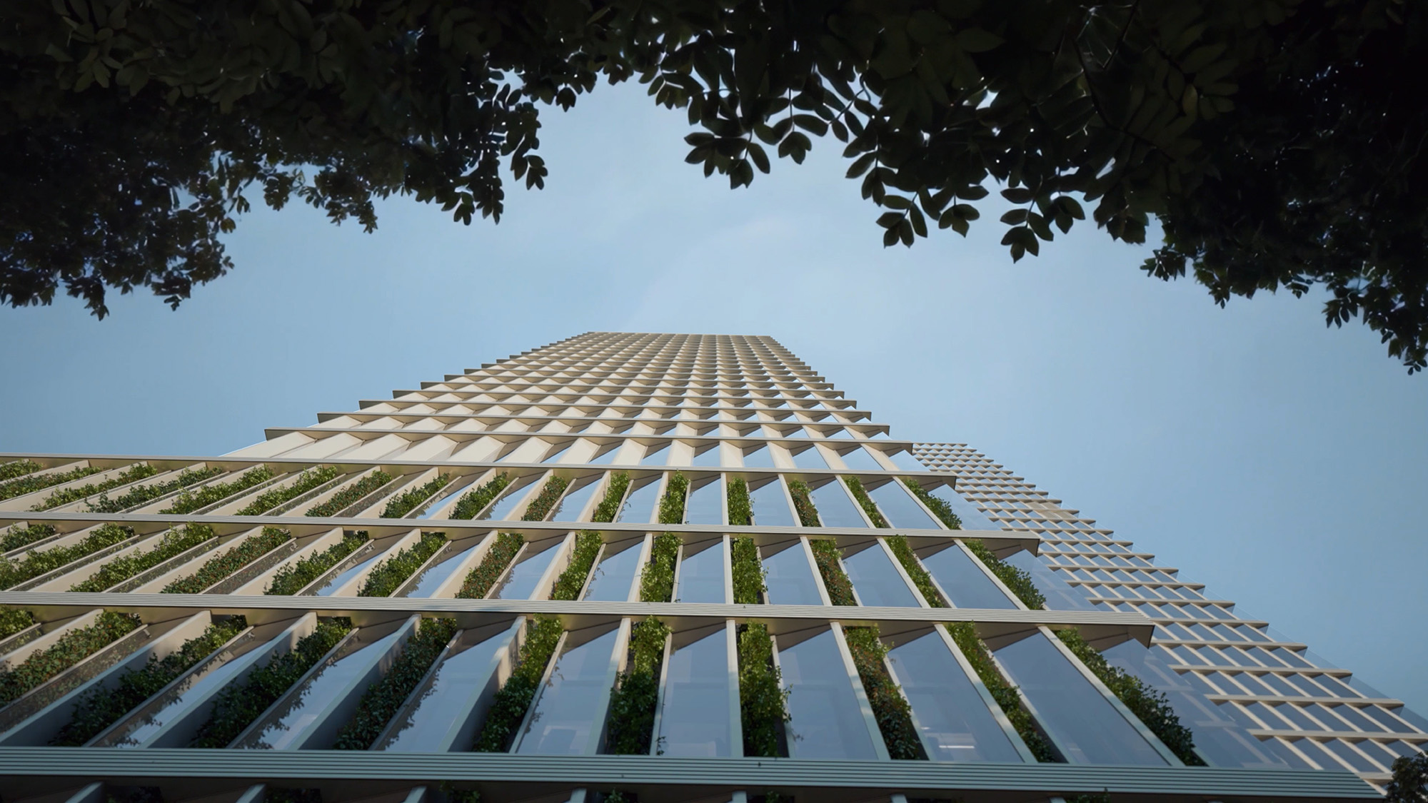 Rendered exterior image of AllesWirdGut’s buildingSMART OPEN BIM Award–winning ARGE TVG project, showing the glass facade with greenery, looking up from street level.