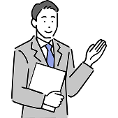 Illustration of a man in a suit and tie holding a folder in one arm and gesturing with his other hand, as if presenting or explaining something.