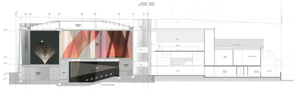 Longitudinal section of the project showing the galleries and the connection of the new and the existing buildings
