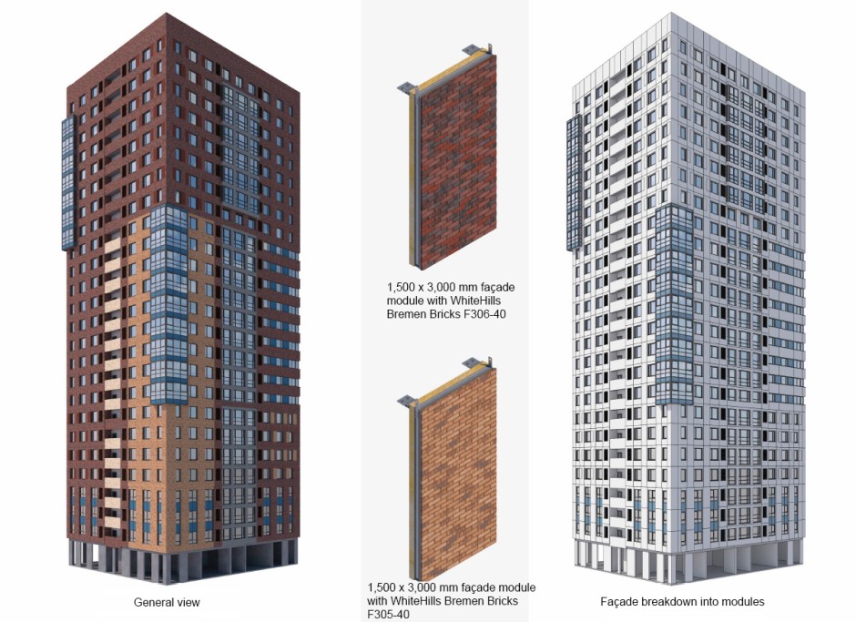 General view of the façade, GDL façade elements, and the façade split into modules