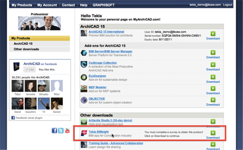 On the MyArchicad.com landing page, Tekla BIMsight is located in the ‘Other downloads’ section