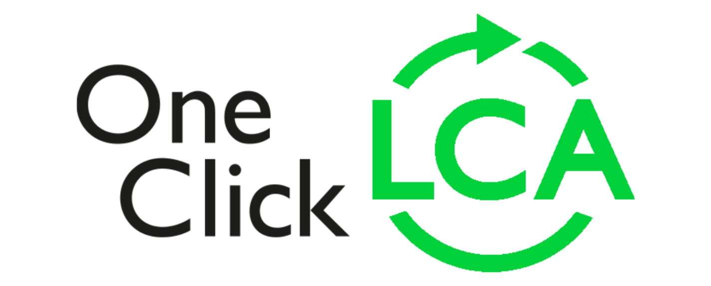 LCAの文字を囲む緑色の丸い矢印の横にOne Click LCAの文字が入ったロゴ。.