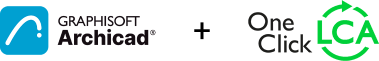 Graphisoft ArchicadとOne Click LCAのロゴの間にあるプラス記号は、2つのソフトウェアプラットフォームの統合またはコラボレーションを示す。.