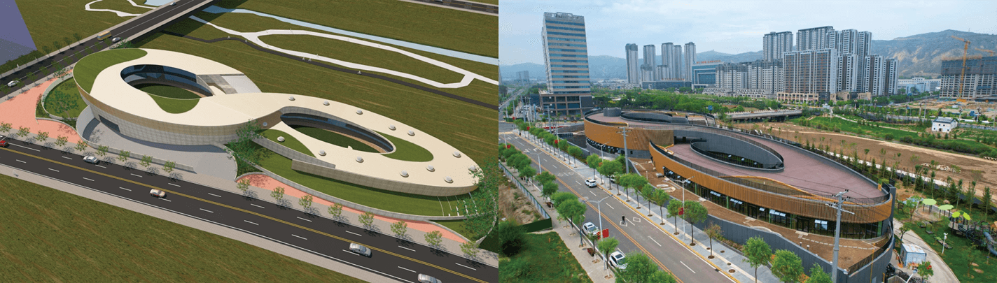 インフィニティ・シンボルの形をしたビルを並べて空撮した写真。左はデジタル建築レンダリング、右は近隣の道路や高層ビルが立ち並ぶ都市環境での完成予想図。.
