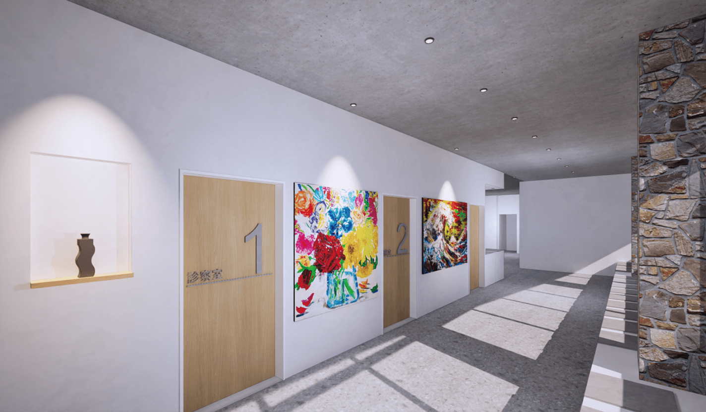 石造りの壁、1番と2番と書かれたドア、その間にカラフルな抽象画が飾られたモダンな廊下。大きな窓からは陽光が差し込み、壁のニッチには小さな花瓶が置かれている。.