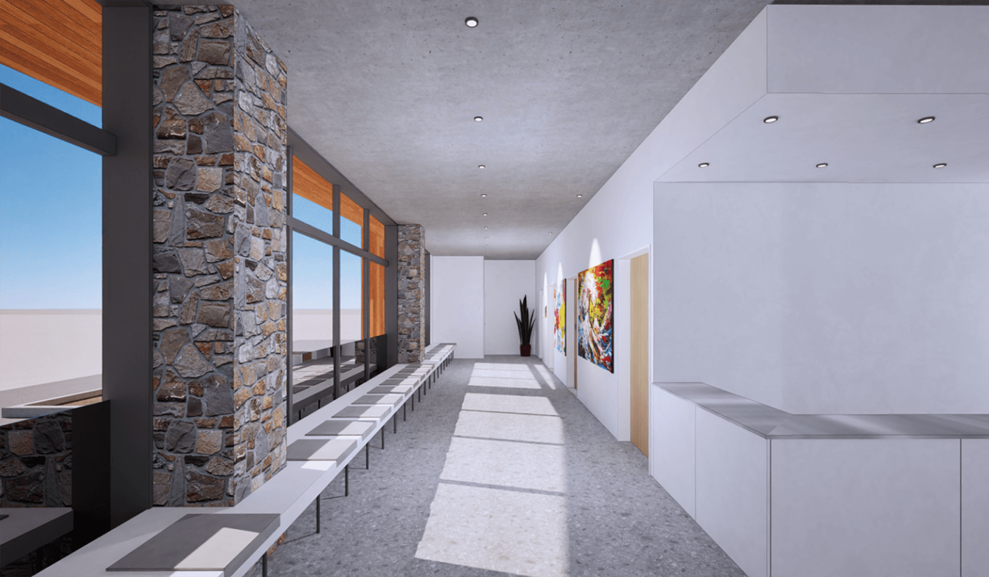 石と白い壁、大きな窓、ずらりと並んだベンチ、鉢植え、壁に飾られたカラフルなアート作品、天井のスポットライトに照らされた受付カウンターがモダンな待合室。窓からは日差しが差し込む。.