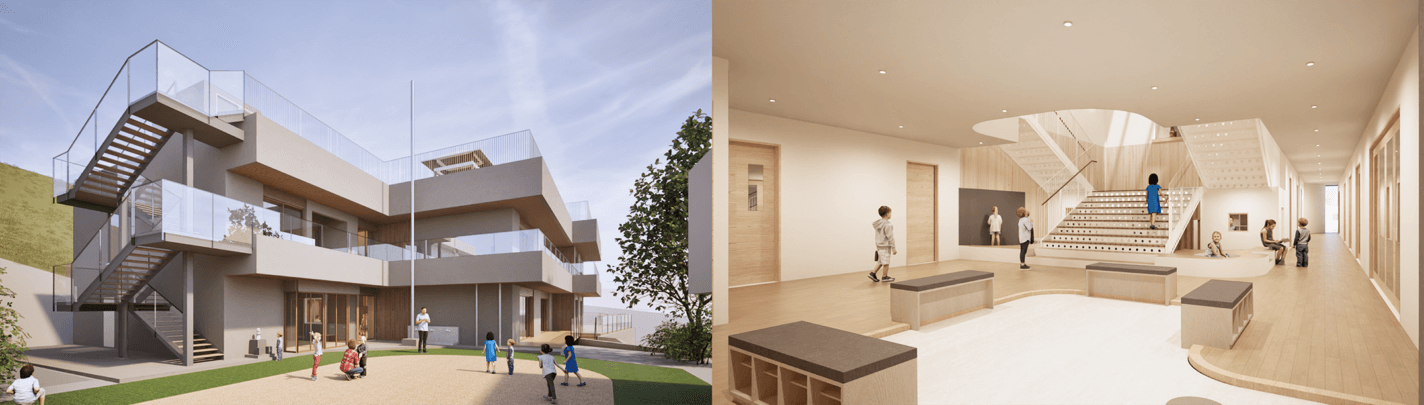 左側は3階建ての近代的な校舎で、屋外階段があり、子どもたちが外で遊んでいる。右側は、木製の特徴と中央階段のある明るく広々とした室内に子どもたちがいる。.